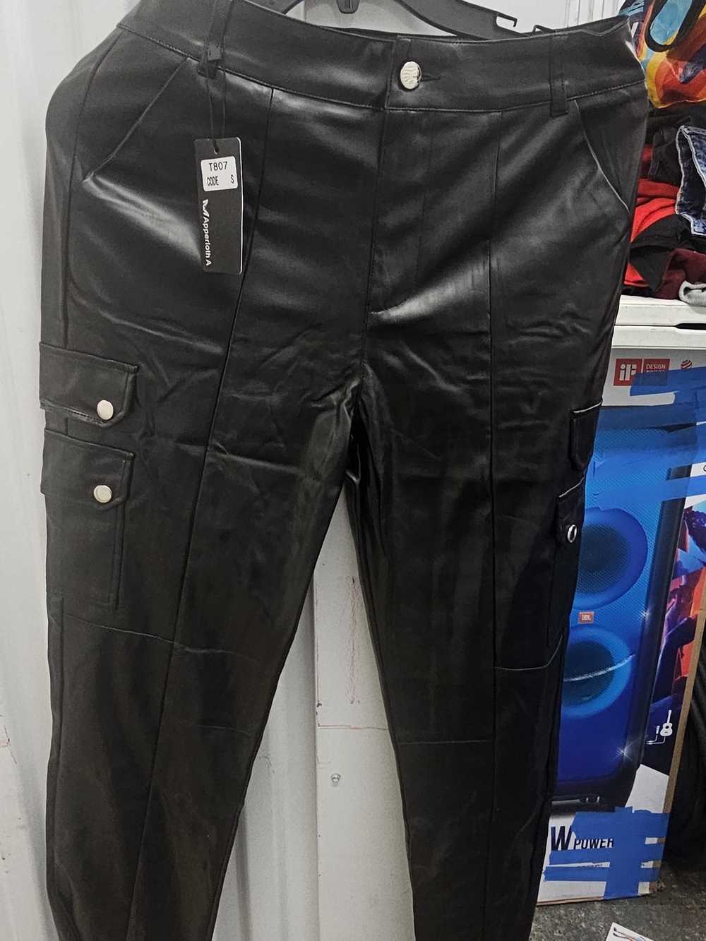 Woman's Black Faux Leather Cargo Pants - Classic Fit